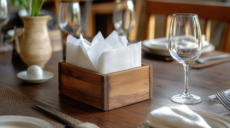 Tissue paper in a handcrafted wooden box on a dining table, surrounded by neatly arranged tableware.の素材
