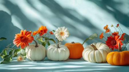 White and orange pumpkins interspersed with fresh flowers on a sleek table, against a backdrop of soft blue shadows.の素材
