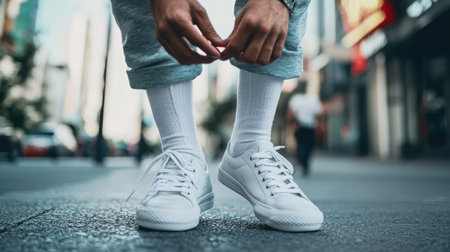 White ankle socks styled with casual sneakers, worn by a man tying his laces on a city sidewalk.の素材