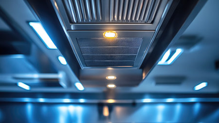 Underneath view of an electric hood exhaust, highlighting its vents and LED lights, in a sleek, modern kitchen.の素材