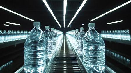 Crystal-clear water bottles illuminated by bright lights as they travel along a conveyor inside a bottling factory.の素材