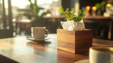 Tissue box made of polished wood on a caf table, surrounded by coffee cups and a soft, warm ambiance.の素材