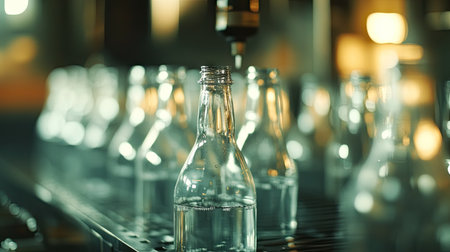 Water being filled into glass bottles on an eco-friendly bottling line, showcasing precision and cleanliness.の素材