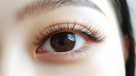 Zoomed-in view of an eye with classic eyelash extensions, framed by soft and natural brows.の素材
