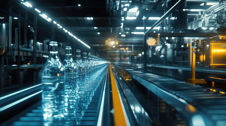 Conveyor belt system in a water bottling factory with sparkling clean bottles moving rapidly through stages.の素材