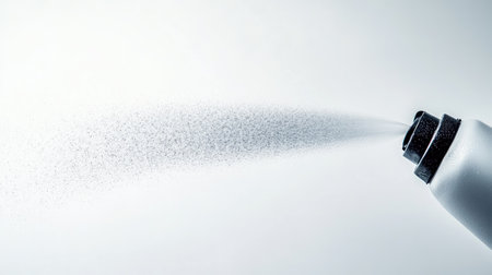 Aerosol air freshener can releasing a steady mist, captured in motion against a clean white backgroundの素材