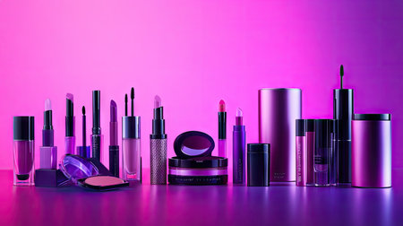 An array of cosmetic products, including eyeliner, mascara, and lip gloss, neatly displayed on a gradient pink-to-purple backdropの素材