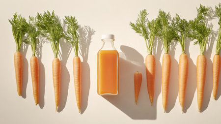 A clean, minimal image of carrot juice in a glass bottle with fresh carrots neatly aligned beside it on a white surfaceの素材