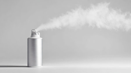 Aerosol air freshener can releasing a steady mist, captured in motion against a clean white backgroundの素材