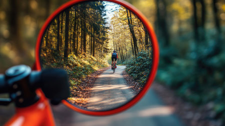 A close-up of a road mirror mounted on a red frame, reflecting a cyclist on a forest pathの素材