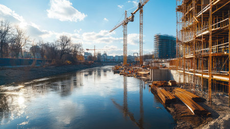 A construction site beside a river, with cranes and scaffolding framing the waterwayの素材