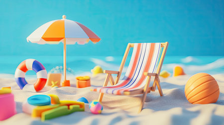 A beach chair and sun umbrella surrounded by colorful beach toys, perfect for a family day out.の素材