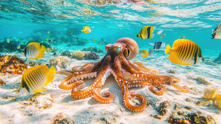 An octopus resting on a sandy seabed surrounded by tropical fish in transparent turquoise waterの素材