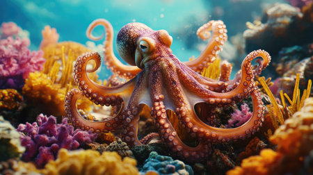 An octopus perfectly camouflaged among vibrant corals in transparent tropical watersの素材