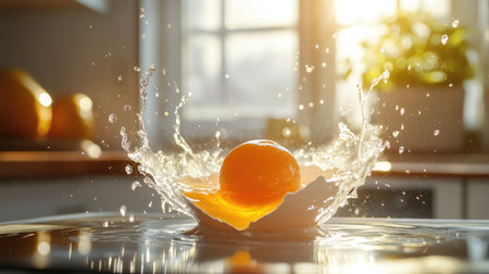 An artistic shot of an egg being cracked with yolk suspended mid-air, framed by sunny kitchen lightingの素材
