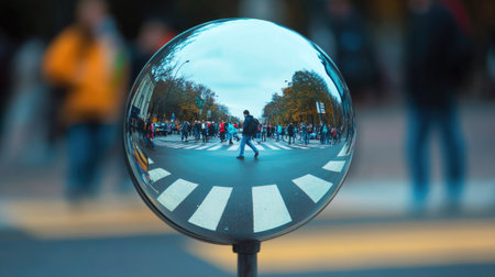 A close-up of a spherical road mirror reflecting a school zone with children crossing the streetの素材