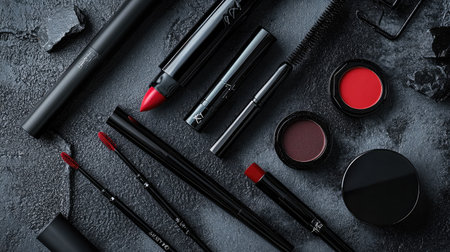 A bold and edgy flat lay of dark-themed makeup products, including black eyeliner and red lipsticks, on a gray surfaceの素材
