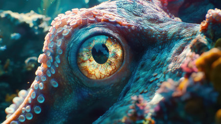 An underwater close-up of an octopus' eye and tentacles, surrounded by coral in tropical watersの素材
