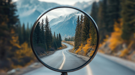 A close-up of a spherical road mirror showing a sharp curve in a mountain road with trees in the backgroundの素材