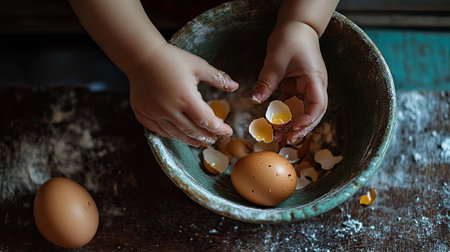 A child's hands clumsily cracking an egg, with shells falling into the bowl belowの素材