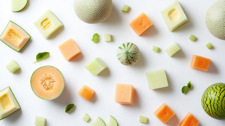 A clean and elegant composition of whole, sliced, and cubed cantaloupe and watermelon, placed on a stark white backgroundの素材