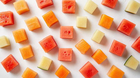 A collection of cantaloupe cubes and watermelon slices displayed in a geometric pattern on whiteの素材