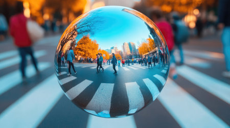 A close-up of a spherical road mirror reflecting a school zone with children crossing the streetの素材