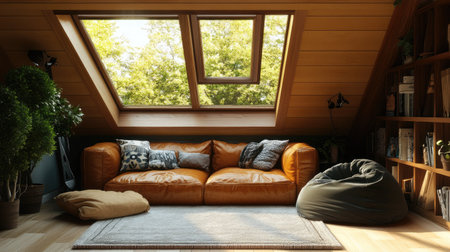 A cozy attic space converted into a lounge with a leather sofa, a beanbag chair, and skylightsの素材