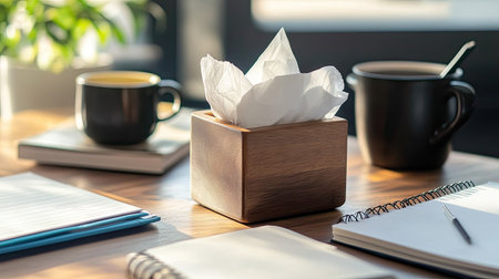 Compact wooden tissue holder on a desk, with white tissues slightly protruding, surrounded by notebooks and a coffee mug.の素材