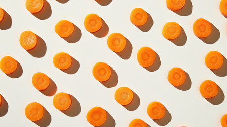 Top-down view of sliced carrot rounds scattered across a smooth white surface, showcasing their bright orange hue.の素材