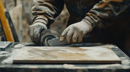 Worker cutting a rectangular tile with a wet saw, preparing pieces for installation around obstacles.の素材