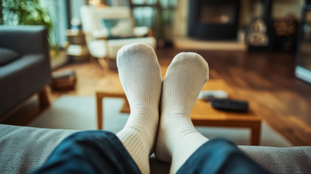 White socks with subtle patterns on a man's feet, casually resting on a coffee table in a modern living room.の素材