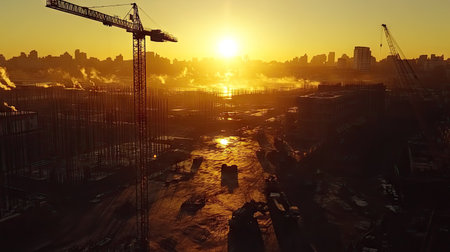 A dramatic sunset over a large construction site with tower cranes casting long shadows on the groundの素材