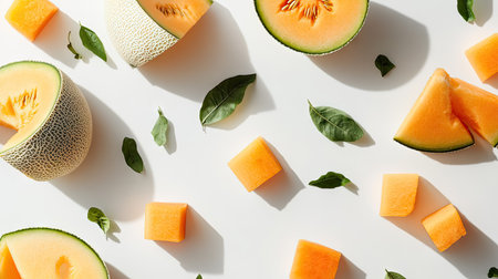 A clean and elegant composition of whole, sliced, and cubed cantaloupe and watermelon, placed on a stark white backgroundの素材