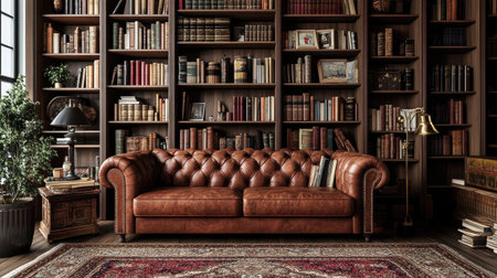 A cozy vintage-style room with a tufted leather sofa, a Persian rug, and a classic bookshelfの素材