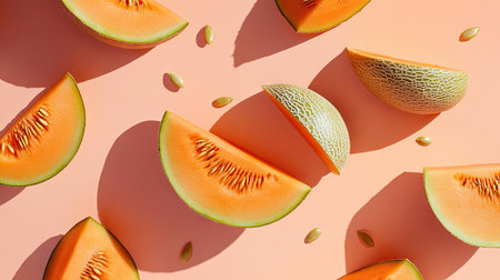 A flat lay of whole and sliced cantaloupe and watermelon with seeds scattered artisticallyの素材