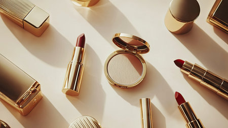 A high-angle shot of luxury cosmetics like golden compacts and premium lipstick tubes on a cream backgroundの素材
