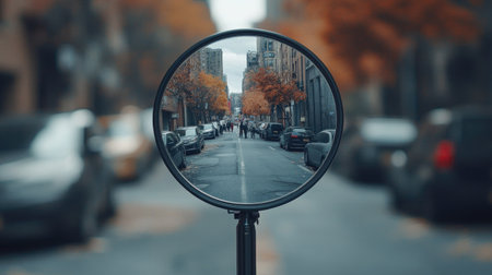 A reflective road mirror capturing an urban street corner with parked cars and pedestriansの素材