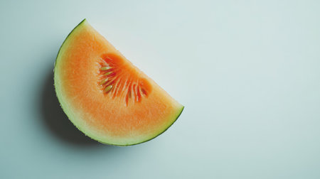 A halved cantaloupe and a slice of watermelon arranged neatly on a clean white surfaceの素材