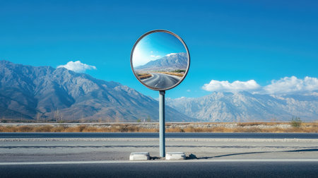 A reflective traffic mirror on a highway curve, with mountains and clear skies in the reflectionの素材