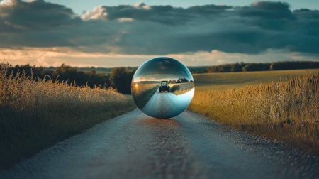 A rural road with a spherical mirror reflecting a tractor driving down the pathの素材