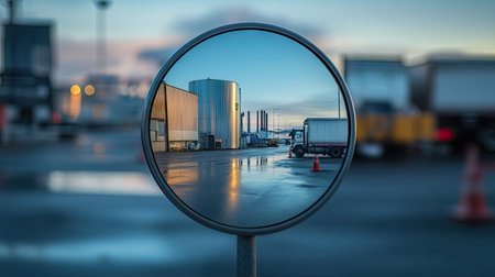 A reflective road mirror at an industrial area, capturing trucks and warehouses in the backgroundの素材