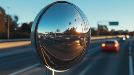 A spherical road mirror at a highway exit ramp, capturing fast-moving vehicles in the reflectionの素材