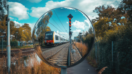 A spherical mirror reflecting a railway crossing with a train passing through the frameの素材