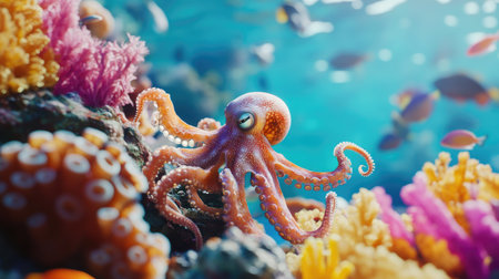 A small octopus swimming near a vibrant reef teeming with marine life in clear tropical watersの素材