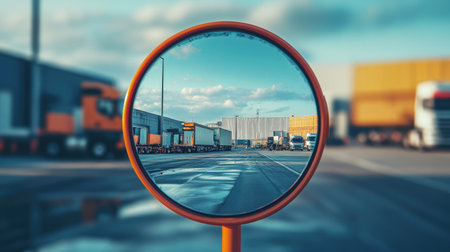 A reflective road mirror at an industrial area, capturing trucks and warehouses in the backgroundの素材