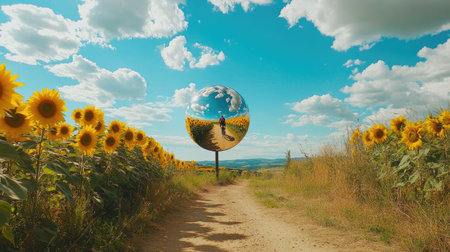 A spherical road mirror in a rural area reflecting a cyclist on a dirt path lined with sunflowersの素材