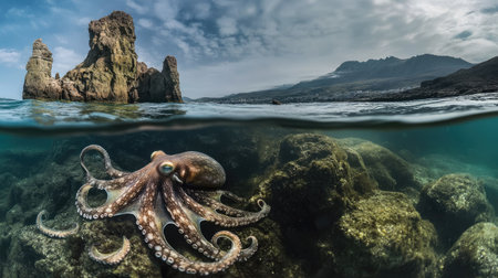 A stunning view of an octopus spreading its tentacles near a rock formation under clear waterの素材