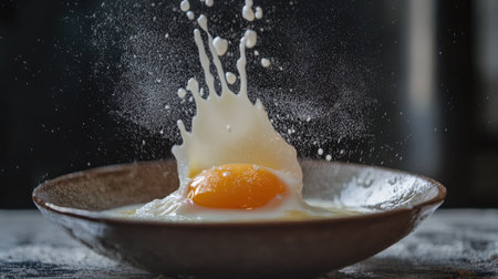 A slow-motion concept with an egg being cracked, yolk and whites streaming down into a bowlの素材