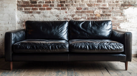 A sleek black leather sofa in a minimalist apartment with industrial-style decor and exposed brick wallsの素材
